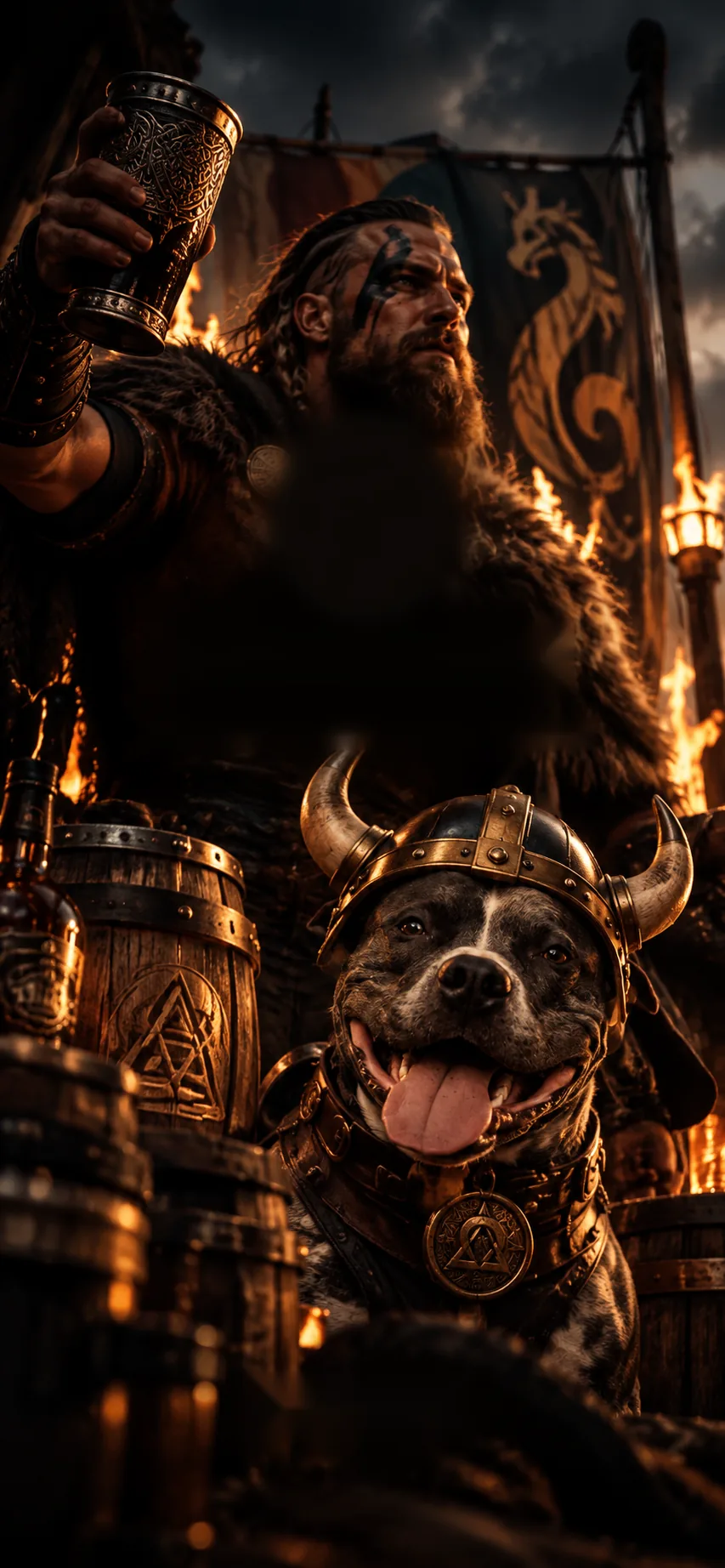 Un vikingo alza su copa en la taberna junto a Ragnar, el perro de la casa, con casco vikingo